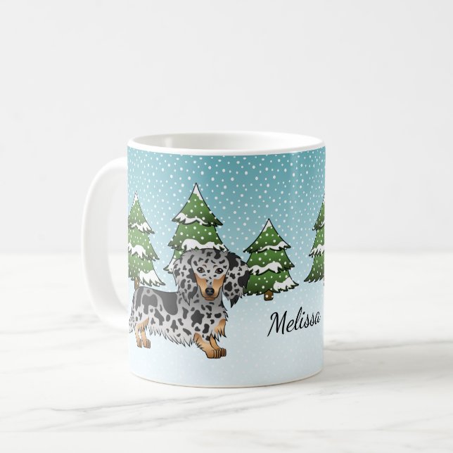 Taza De Café Dachshund De Pelo Largo Y Negro De Tan En Invierno (Anverso izquierdo)