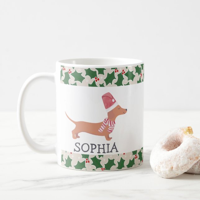 Taza De Café Dachshund Dog Feliz Navidad (Con donut)