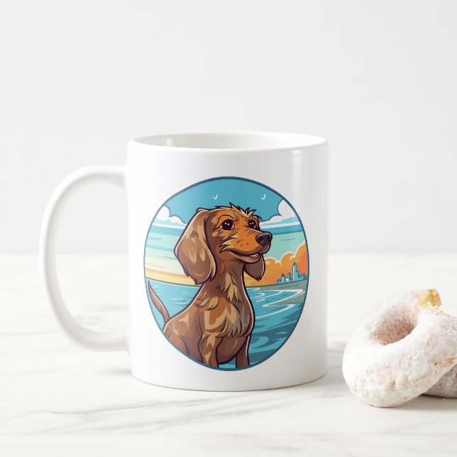Taza De Café Dachshund en la playa (Con donut)