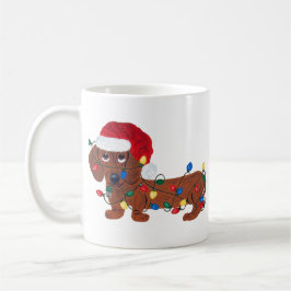 Taza De Café Dachshund enredado en las luces de navidad (rojas)