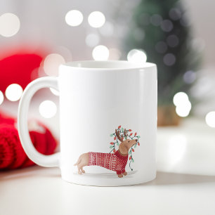 Taza De Café Dachshund Navidades de perros suéter y luces