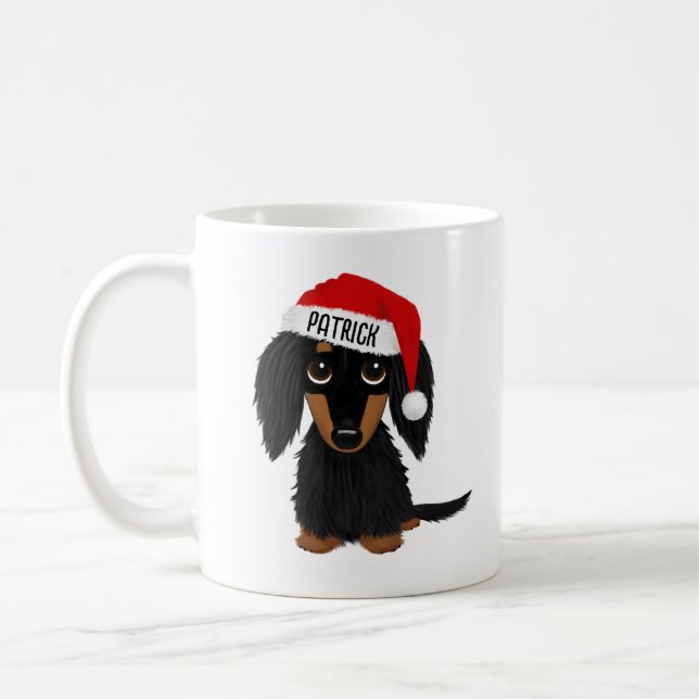 Taza De Café Dachshund Santa Personalizado de cabello negro y t (Izquierda)