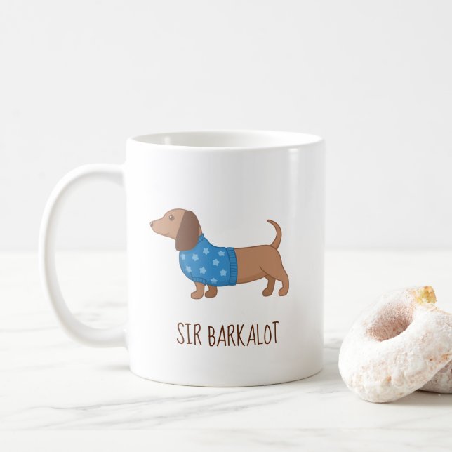 Taza De Café Dachshund Wiener Dog Puppy Nombre Personalizado V2 (Con donut)
