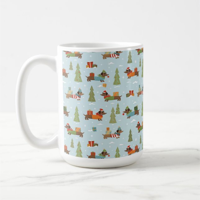 Taza De Café Dachshunds festivos en el patrón de la nieve (Izquierda)
