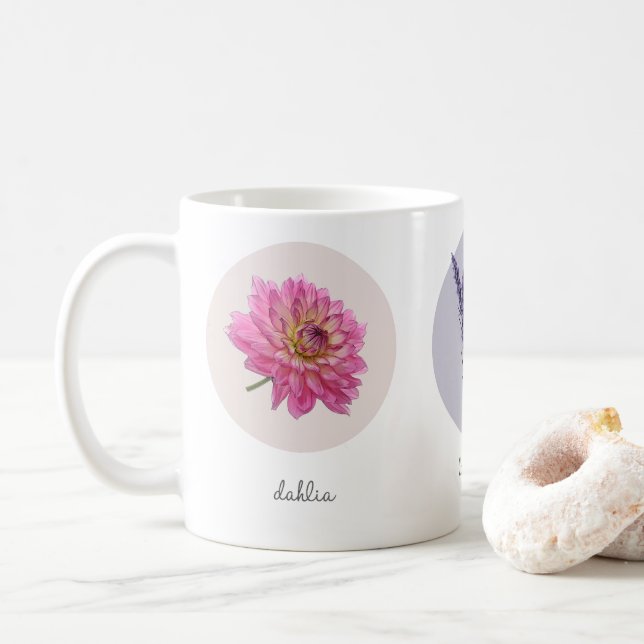 Taza De Café Dahlia, flores de conefre y flores de lavanda (Con donut)