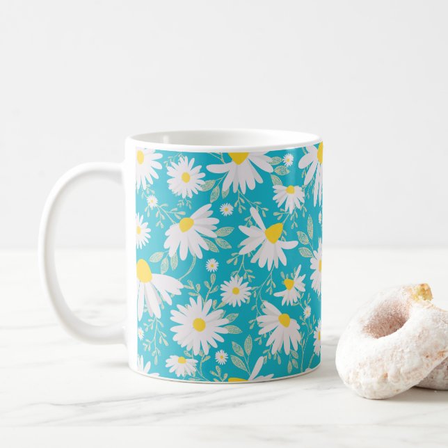 Taza De Café Daisies de primavera - Azul brillante (Con donut)