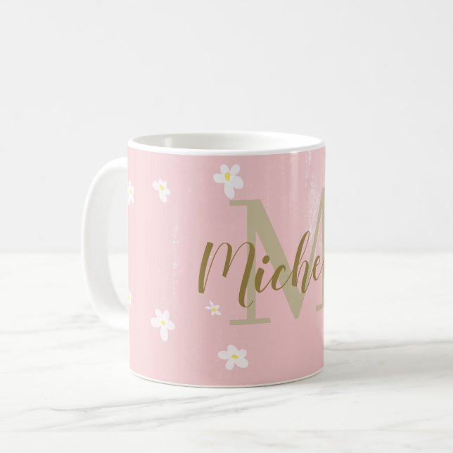 Taza De Café Daisies dulces rosados y dulces, Girly Monogramed (Anverso izquierdo)