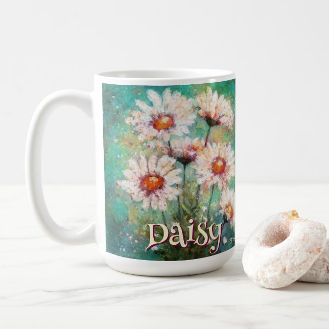 Taza De Café Daisies Impressionistic Floral Teal Personalized (Con donut)