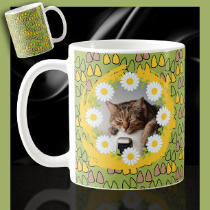Taza De Café Daisies y gatos orejas en un gato verde del café
