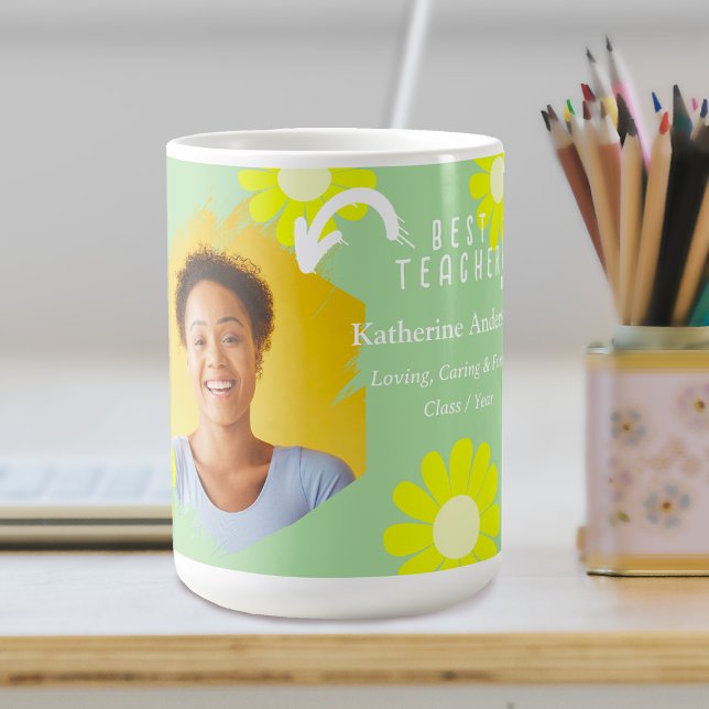 Taza De Café Daisy Mejor Docente Foto Verde azulada (Daisy Best Teacher Teal Coffee Mug.)
