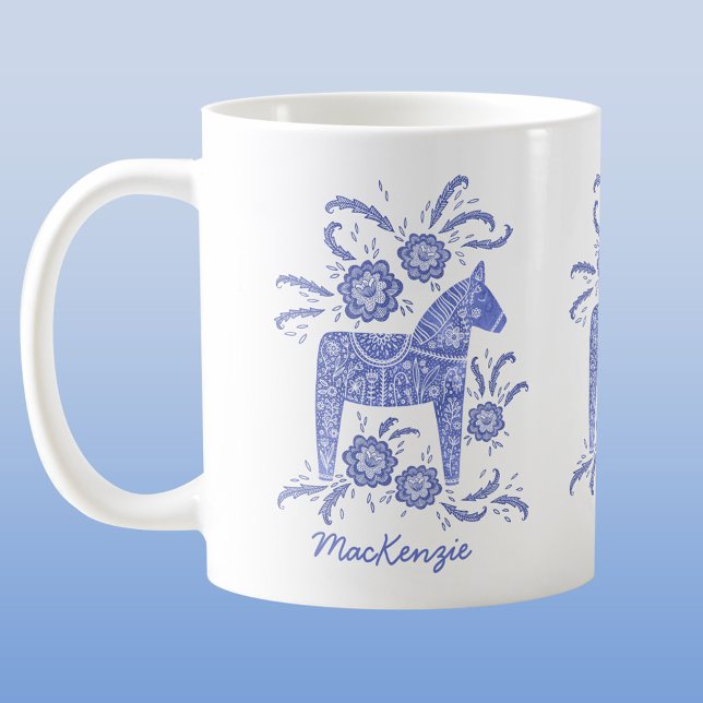 Taza De Café Dala Blue sueca personalizada (Swedish Dala horse blue and white personalized custom name coffee mug)