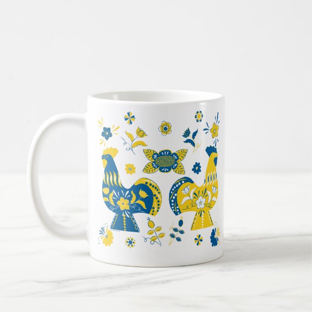 Taza De Café Dala folk sueco gallo azul y amarillo (Izquierda)