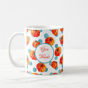 Taza De Café Dale Gracias Acuarela Calabazas Naranjas Puntos Az
