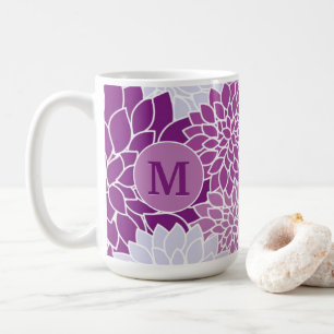 Taza De Café Dalia floral morada con patrón de monograma inicia
