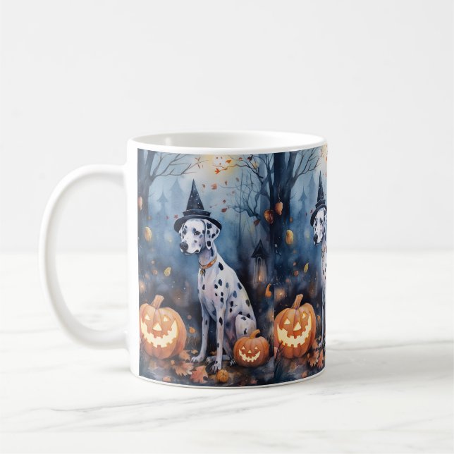 Taza De Café Dalmación de Halloween con calabazas aterradoras (Izquierda)