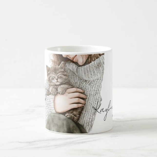 Taza De Café Dama con gato gris (Centro)