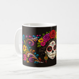 Taza De Café Dama de cráneo de azúcar Línea Blanca de Arte Góti