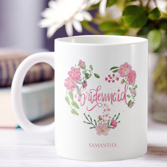 Taza De Café Dama de honor de boda floral (Personalized Name Bridesmaid Coffee Mug)