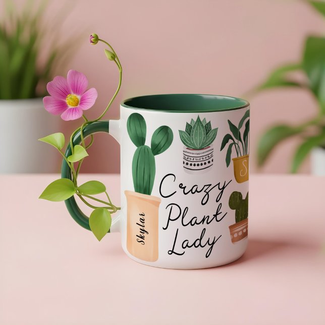 Taza De Café Dama de planta loca | Plantas de acuarela de Moda (Crazy Plant Lady | Chic Watercolor Potted Plants Coffee Mug)