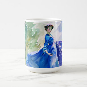 Taza De Café Dama en vestido azul - Pintura al acuarela
