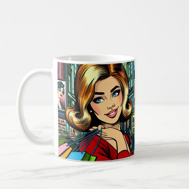 Taza De Café Dama Retro con Bolsas de Compras Personalizadas (Izquierda)