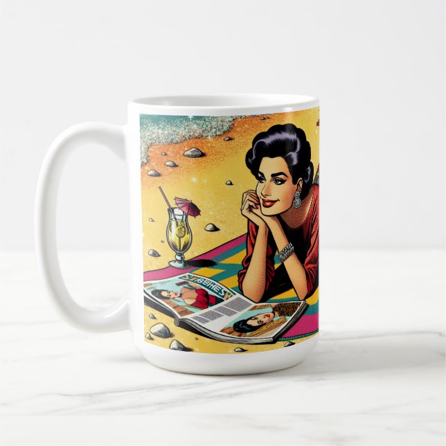 Taza De Café Dama Retro en la Playa Soñando con Moda (Izquierda)