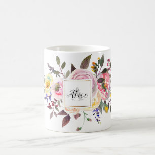 Taza De Café Damas de honor Monograma Flores Acuarela Rosa Past