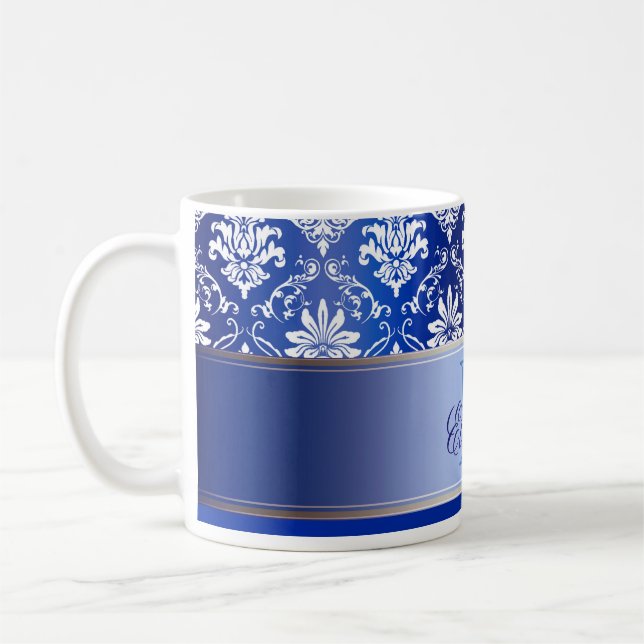 Taza De Café Damasco azul y blanco del monograma (Izquierda)