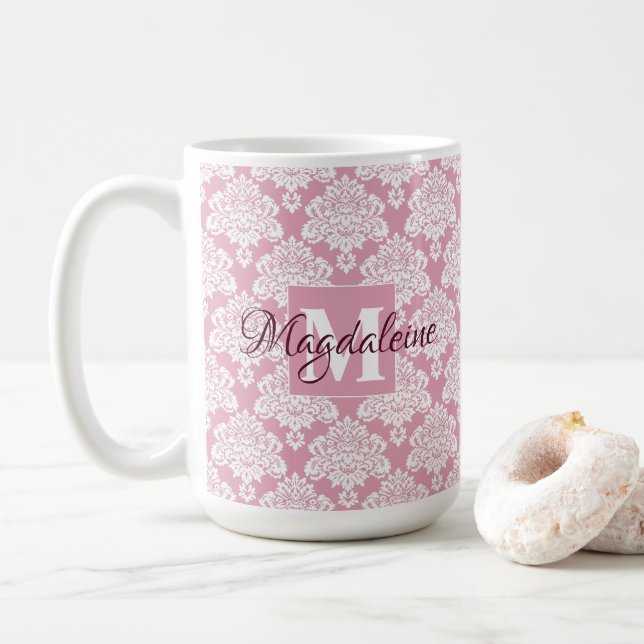 Taza De Café Damasco de encaje blanco sobre nombre y monograma  (Con donut)