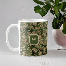 Taza De Café Damasco de oro verde esmeralda con monograma