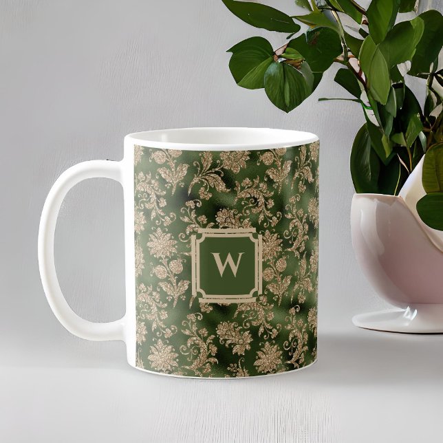 Taza De Café Damasco de oro verde esmeralda con monograma (Subido por el creador)