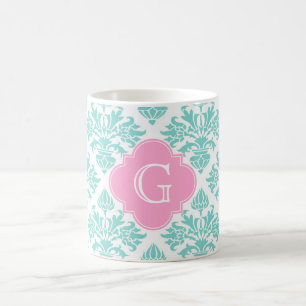 Taza De Café Damasco Floral Lg Aqua #3 Monograma De Quatrefoil