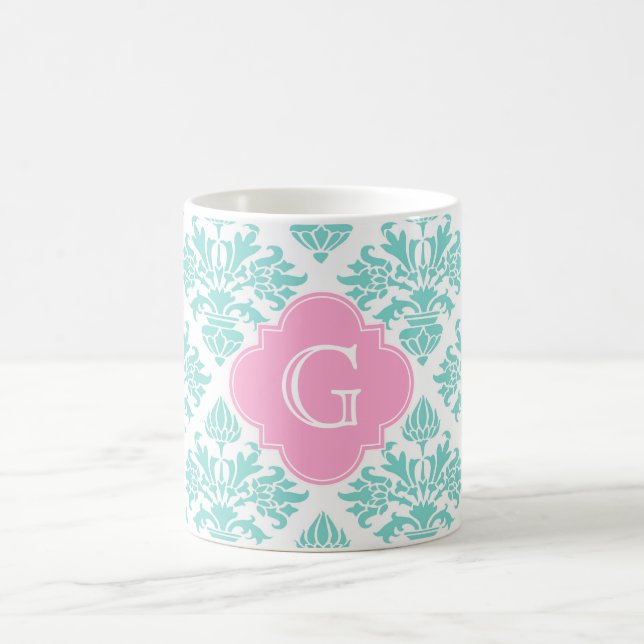 Taza De Café Damasco Floral Lg Aqua #3 Monograma De Quatrefoil  (Centro)