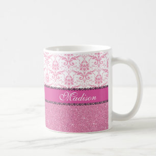 Taza De Café Damasco rosado y blanco femenino, nombre rosado