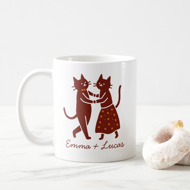 Taza De Café Dancing Cat Couple, Cute Wedding custom name (Con donut)