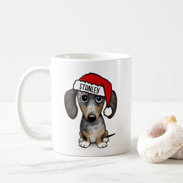 Taza De Café Dapple Dachshund Santa Cute Dote Nombre personaliz (Con donut)