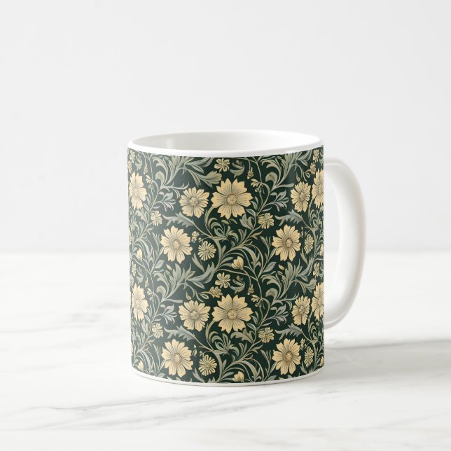 Taza De Café Dark green stylized yellow flowers  pattern  (Anverso derecho)