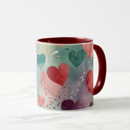 Taza de café de acuarela artística de corazones de