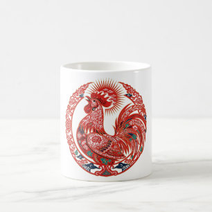 Taza de café de arte popular chino con gallo de co