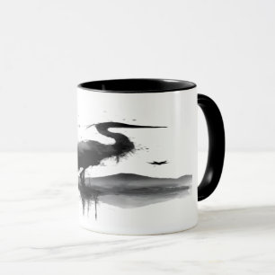 Taza de café de arte zen con grulla Sumi-e japones