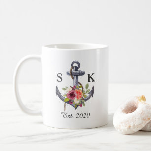 Taza de café de boda floral con ancla náutica