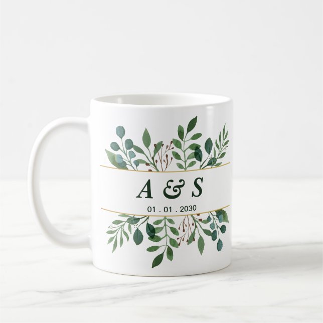 Taza De Café De Boda Floral Verde Blanco (Izquierda)