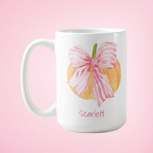Taza de café de calabaza con lazo coquette en acua