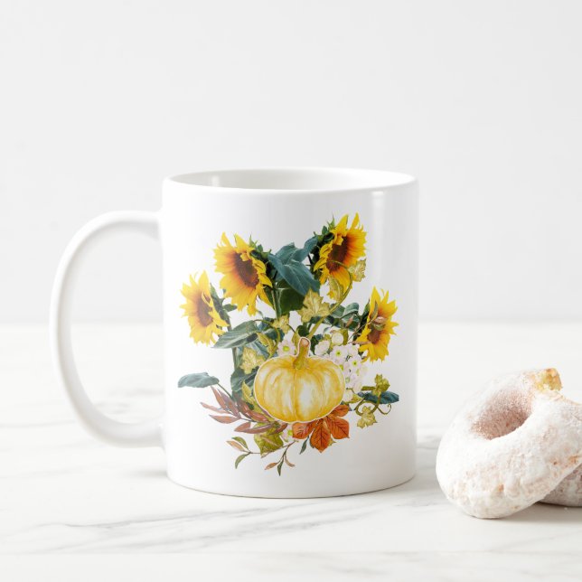 Taza de café de calabaza y girasoles de cosecha de (Con donut)