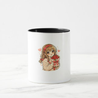 Taza de café de chica de anime linda sosteniendo r