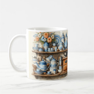 Taza de café de cocina azul y blanca vintage