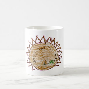Taza de café de erizo lindo sosteniendo hoja