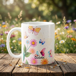 Taza de café de flores silvestres y mariposas Vint
