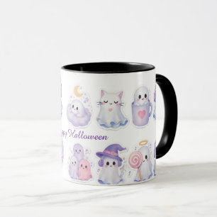 Taza de café de gato bruja de Halloween fantasma p