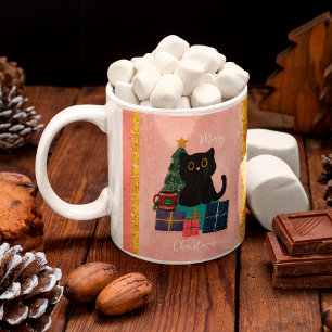 Taza de café de gato negro lindo Navidad rosa fest